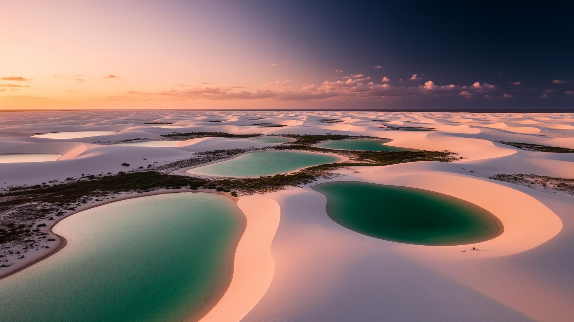 Lençóis Maranhenses ao pôr do sol — dunas brancas e lagoas turquesa